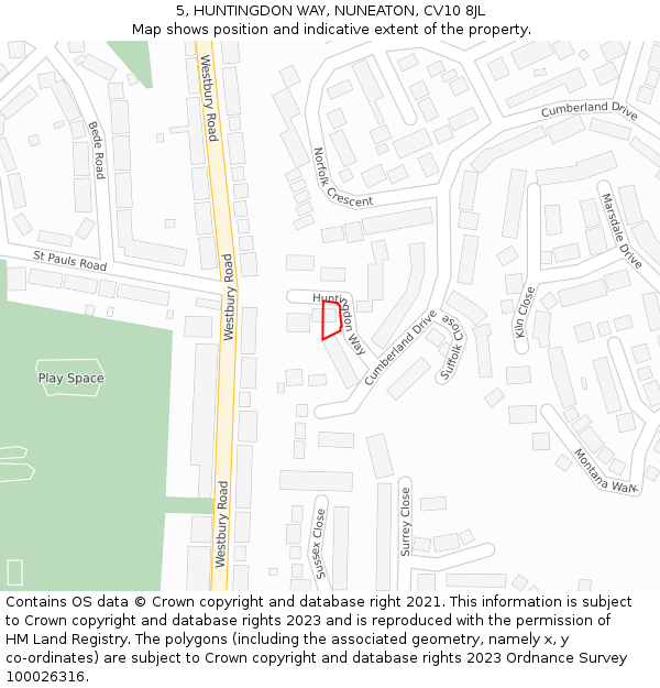 5, HUNTINGDON WAY, NUNEATON, CV10 8JL: Location map and indicative extent of plot