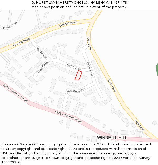 5, HURST LANE, HERSTMONCEUX, HAILSHAM, BN27 4TS: Location map and indicative extent of plot
