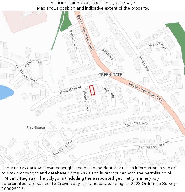 5, HURST MEADOW, ROCHDALE, OL16 4QP: Location map and indicative extent of plot