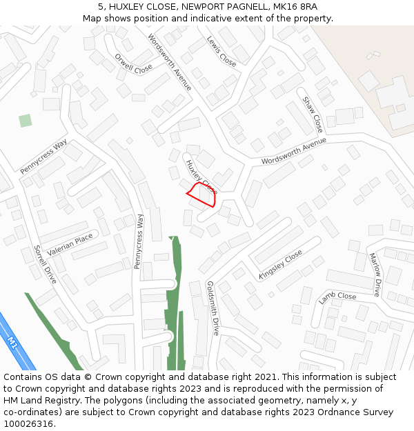 5, HUXLEY CLOSE, NEWPORT PAGNELL, MK16 8RA: Location map and indicative extent of plot