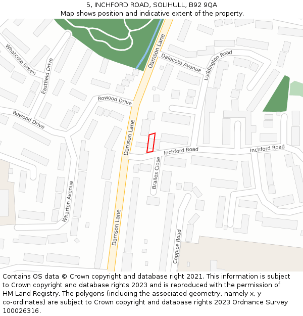 5, INCHFORD ROAD, SOLIHULL, B92 9QA: Location map and indicative extent of plot