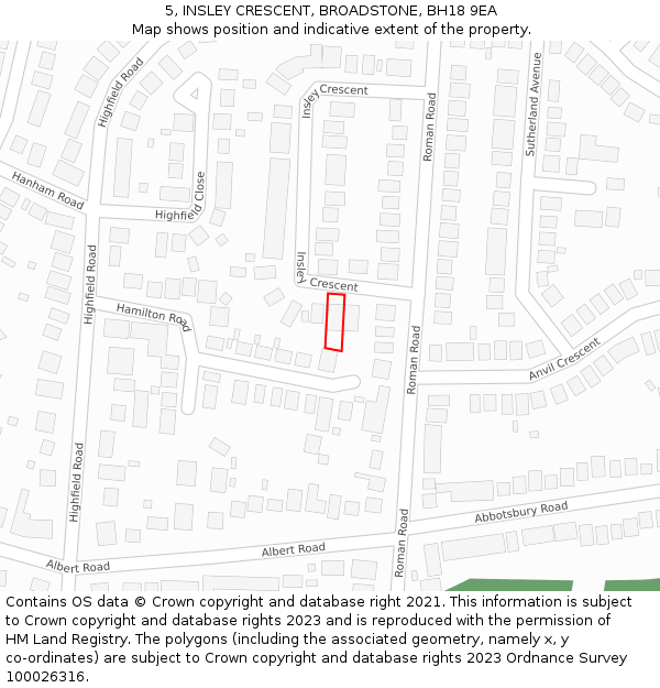 5, INSLEY CRESCENT, BROADSTONE, BH18 9EA: Location map and indicative extent of plot