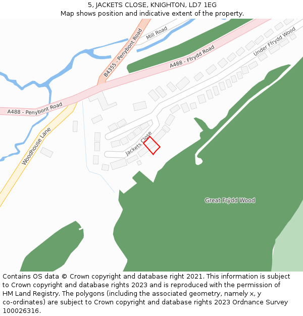 5, JACKETS CLOSE, KNIGHTON, LD7 1EG: Location map and indicative extent of plot