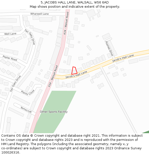 5, JACOBS HALL LANE, WALSALL, WS6 6AD: Location map and indicative extent of plot