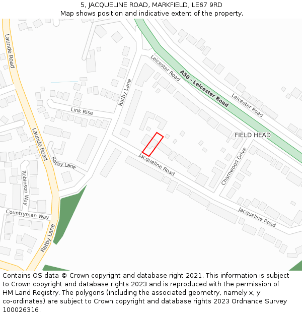 5, JACQUELINE ROAD, MARKFIELD, LE67 9RD: Location map and indicative extent of plot
