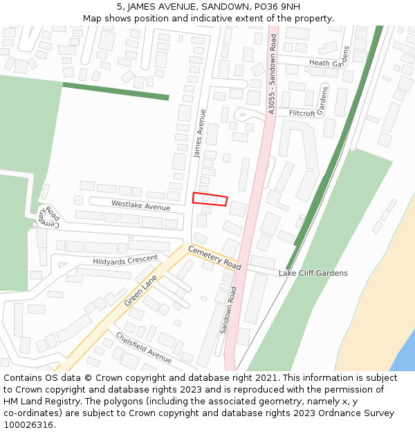 5, JAMES AVENUE, SANDOWN, PO36 9NH: Location map and indicative extent of plot