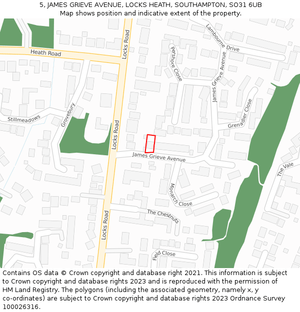 5, JAMES GRIEVE AVENUE, LOCKS HEATH, SOUTHAMPTON, SO31 6UB: Location map and indicative extent of plot