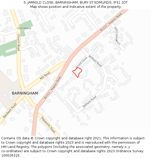 5, JARROLD CLOSE, BARNINGHAM, BURY ST EDMUNDS, IP31 1DT: Location map and indicative extent of plot