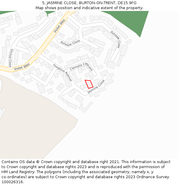 5, JASMINE CLOSE, BURTON-ON-TRENT, DE15 9FG: Location map and indicative extent of plot
