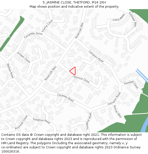 5, JASMINE CLOSE, THETFORD, IP24 2XH: Location map and indicative extent of plot