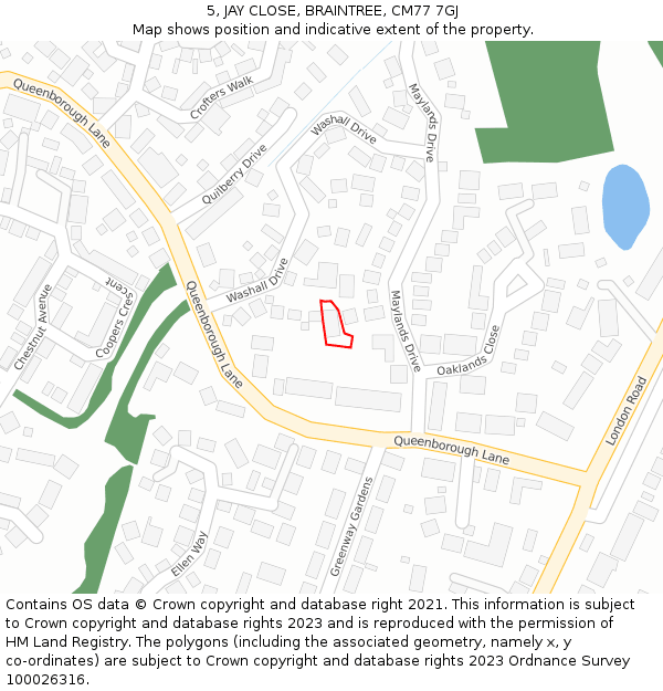 5, JAY CLOSE, BRAINTREE, CM77 7GJ: Location map and indicative extent of plot