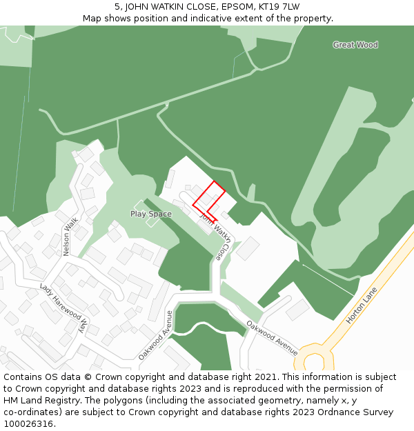 5, JOHN WATKIN CLOSE, EPSOM, KT19 7LW: Location map and indicative extent of plot