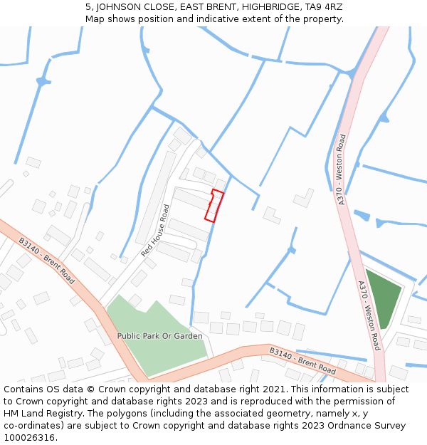 5, JOHNSON CLOSE, EAST BRENT, HIGHBRIDGE, TA9 4RZ: Location map and indicative extent of plot