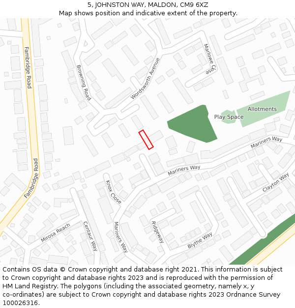 5, JOHNSTON WAY, MALDON, CM9 6XZ: Location map and indicative extent of plot