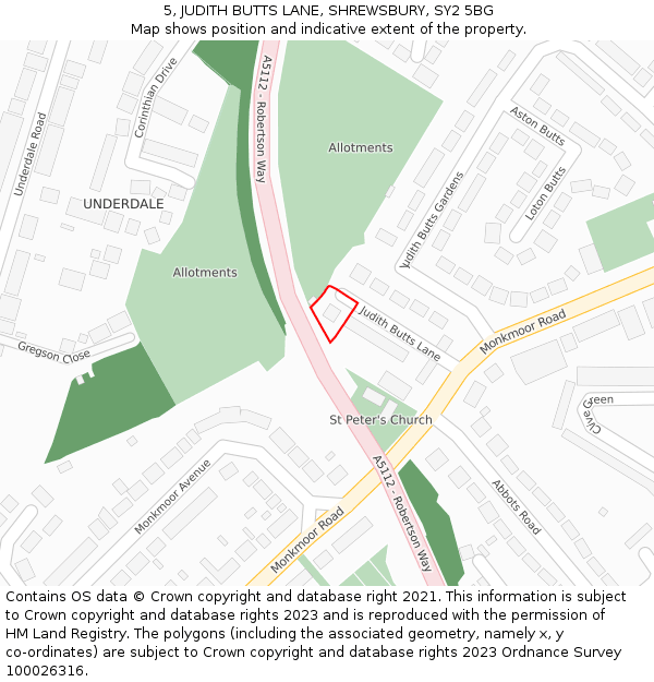 5, JUDITH BUTTS LANE, SHREWSBURY, SY2 5BG: Location map and indicative extent of plot