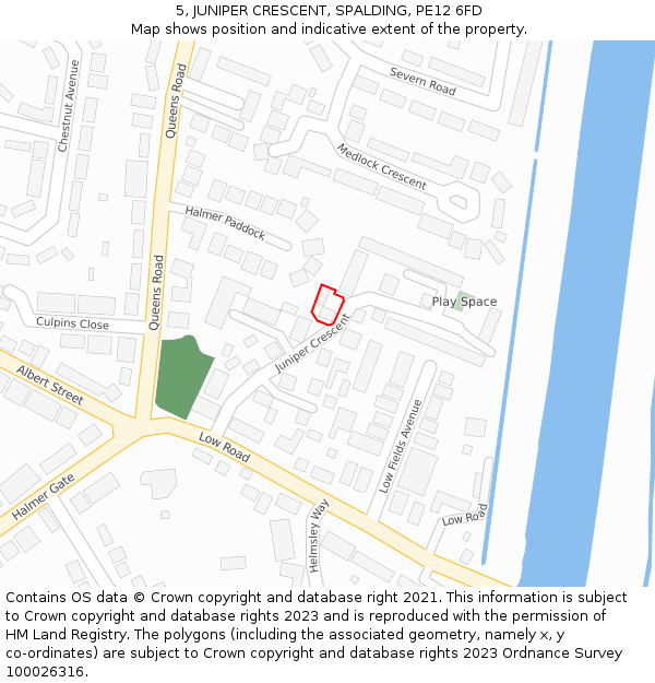 5, JUNIPER CRESCENT, SPALDING, PE12 6FD: Location map and indicative extent of plot