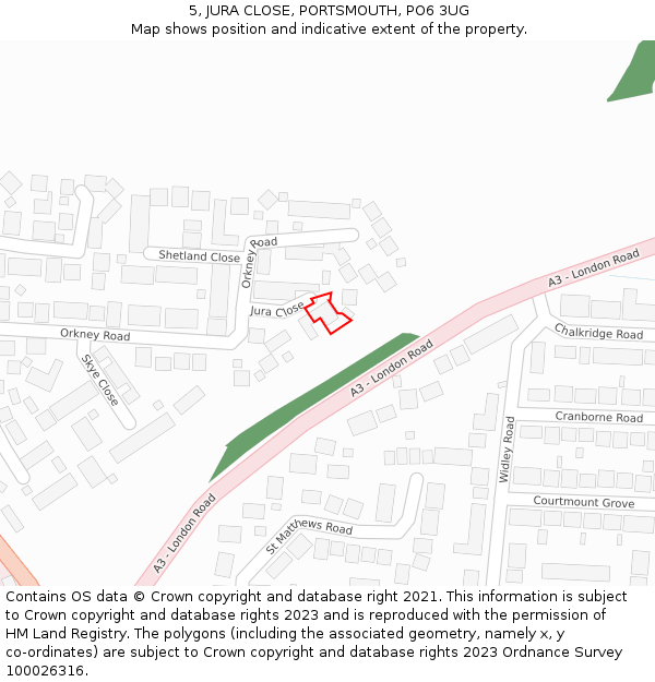 5, JURA CLOSE, PORTSMOUTH, PO6 3UG: Location map and indicative extent of plot