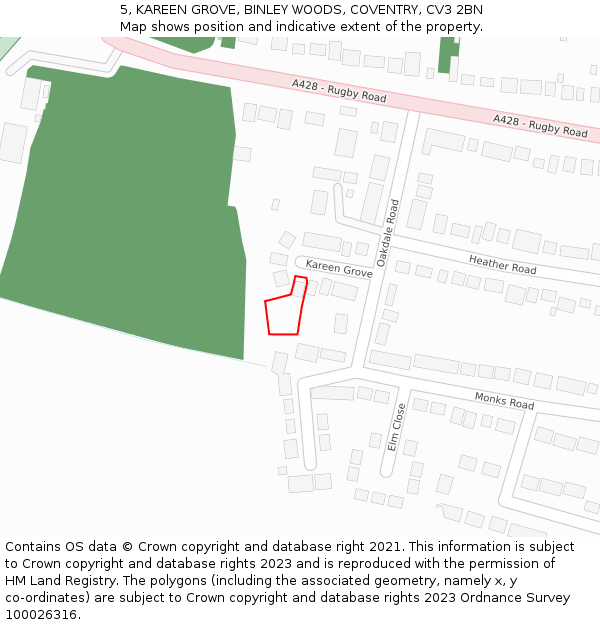 5, KAREEN GROVE, BINLEY WOODS, COVENTRY, CV3 2BN: Location map and indicative extent of plot