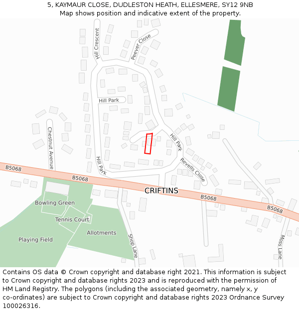 5, KAYMAUR CLOSE, DUDLESTON HEATH, ELLESMERE, SY12 9NB: Location map and indicative extent of plot