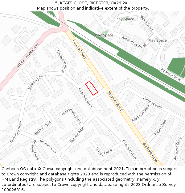 5, KEATS CLOSE, BICESTER, OX26 2XU: Location map and indicative extent of plot