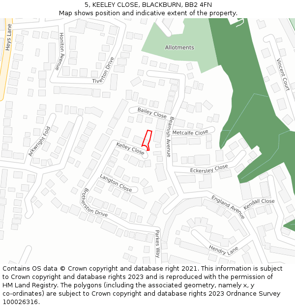 5, KEELEY CLOSE, BLACKBURN, BB2 4FN: Location map and indicative extent of plot