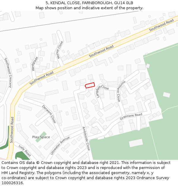 5, KENDAL CLOSE, FARNBOROUGH, GU14 0LB: Location map and indicative extent of plot