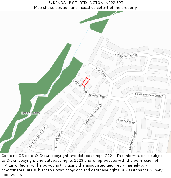 5, KENDAL RISE, BEDLINGTON, NE22 6PB: Location map and indicative extent of plot