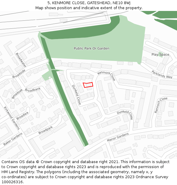 5, KENMORE CLOSE, GATESHEAD, NE10 8WJ: Location map and indicative extent of plot