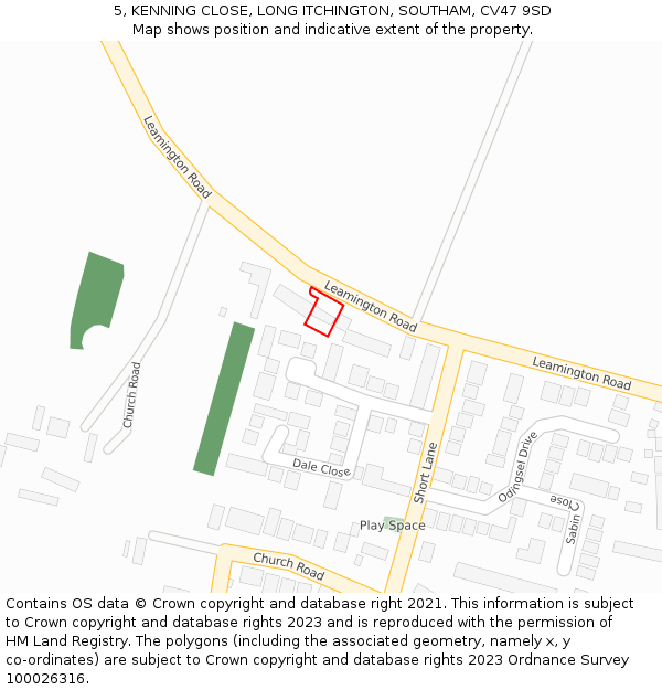 5, KENNING CLOSE, LONG ITCHINGTON, SOUTHAM, CV47 9SD: Location map and indicative extent of plot