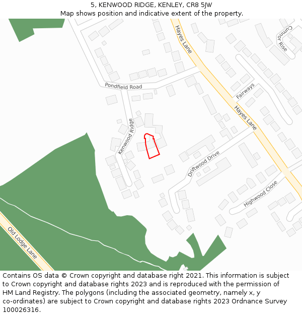 5, KENWOOD RIDGE, KENLEY, CR8 5JW: Location map and indicative extent of plot