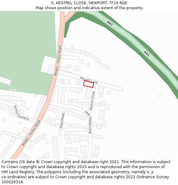 5, KESTREL CLOSE, NEWPORT, TF10 8QE: Location map and indicative extent of plot