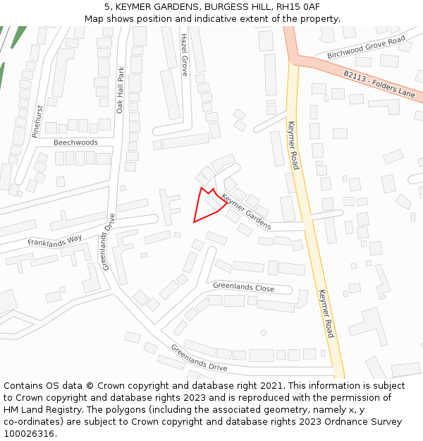 5, KEYMER GARDENS, BURGESS HILL, RH15 0AF: Location map and indicative extent of plot