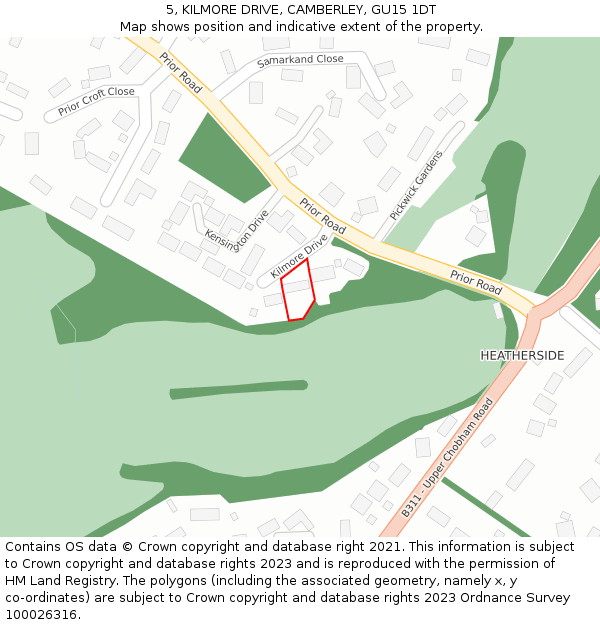 5, KILMORE DRIVE, CAMBERLEY, GU15 1DT: Location map and indicative extent of plot