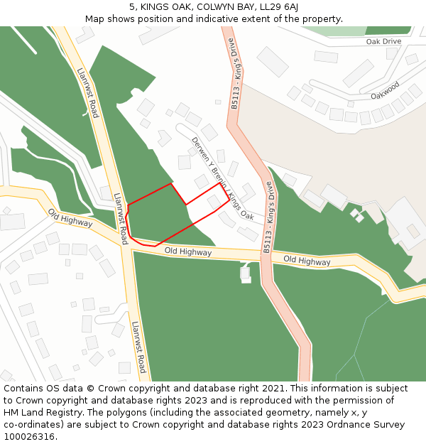 5, KINGS OAK, COLWYN BAY, LL29 6AJ: Location map and indicative extent of plot