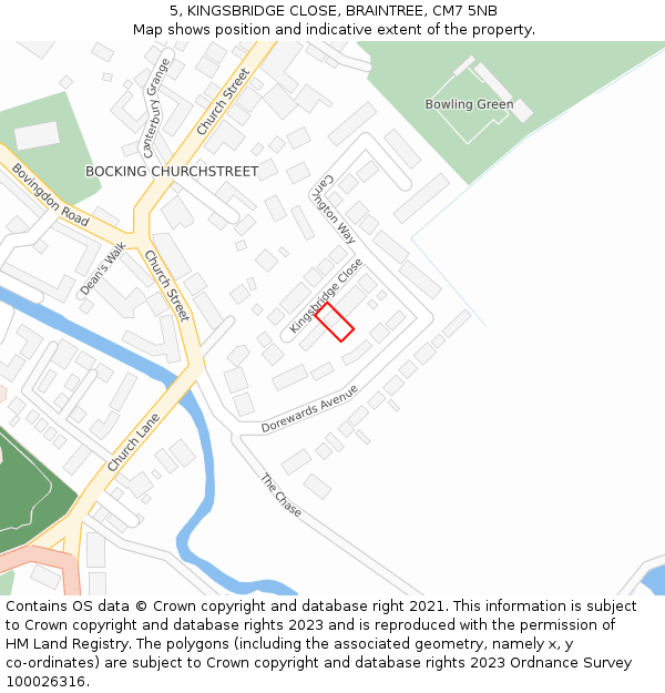 5, KINGSBRIDGE CLOSE, BRAINTREE, CM7 5NB: Location map and indicative extent of plot