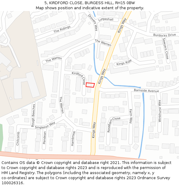 5, KIRDFORD CLOSE, BURGESS HILL, RH15 0BW: Location map and indicative extent of plot