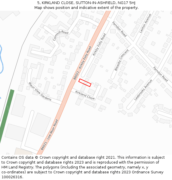 5, KIRKLAND CLOSE, SUTTON-IN-ASHFIELD, NG17 5HJ: Location map and indicative extent of plot