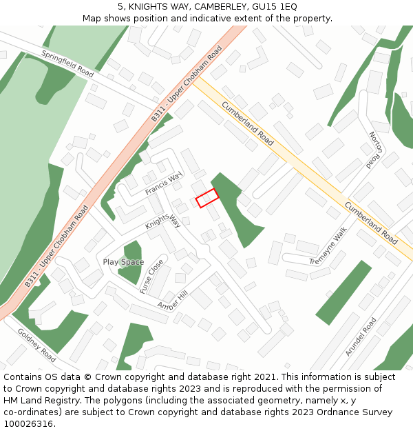 5, KNIGHTS WAY, CAMBERLEY, GU15 1EQ: Location map and indicative extent of plot