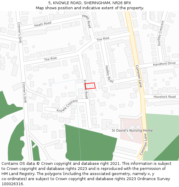 5, KNOWLE ROAD, SHERINGHAM, NR26 8PX: Location map and indicative extent of plot