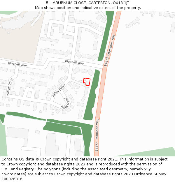 5, LABURNUM CLOSE, CARTERTON, OX18 1JT: Location map and indicative extent of plot