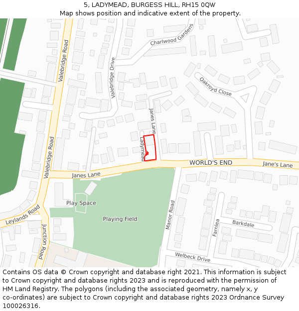 5, LADYMEAD, BURGESS HILL, RH15 0QW: Location map and indicative extent of plot