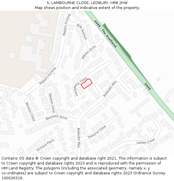 5, LAMBOURNE CLOSE, LEDBURY, HR8 2HW: Location map and indicative extent of plot