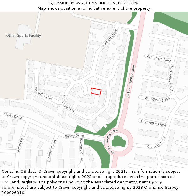 5, LAMONBY WAY, CRAMLINGTON, NE23 7XW: Location map and indicative extent of plot