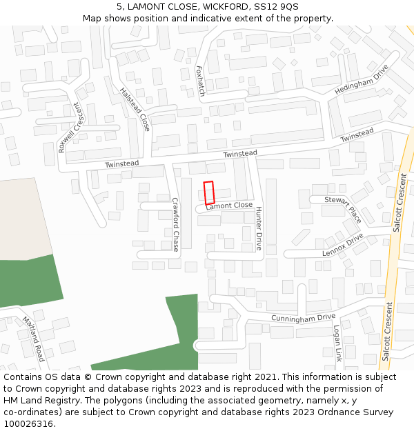 5, LAMONT CLOSE, WICKFORD, SS12 9QS: Location map and indicative extent of plot