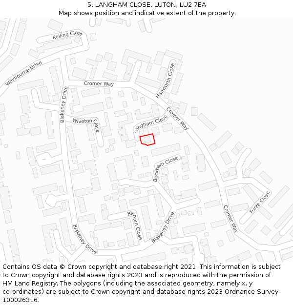 5, LANGHAM CLOSE, LUTON, LU2 7EA: Location map and indicative extent of plot