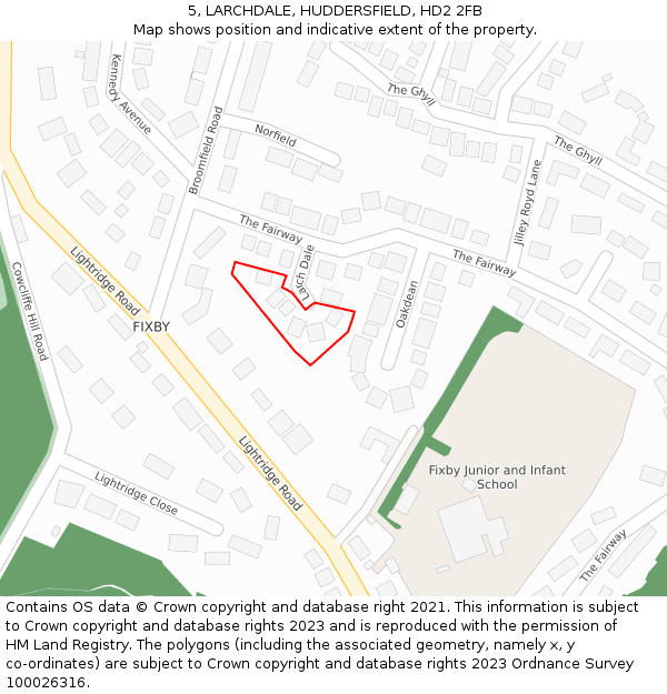 5, LARCHDALE, HUDDERSFIELD, HD2 2FB: Location map and indicative extent of plot