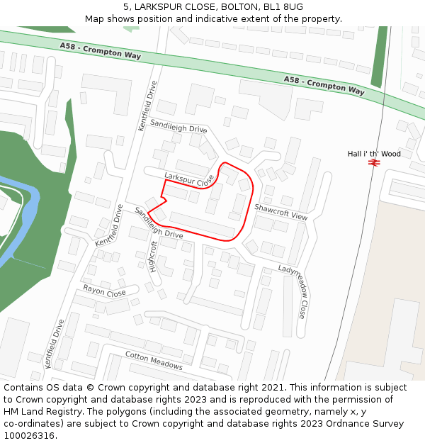 5, LARKSPUR CLOSE, BOLTON, BL1 8UG: Location map and indicative extent of plot