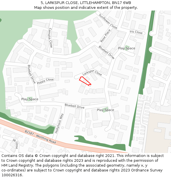 5, LARKSPUR CLOSE, LITTLEHAMPTON, BN17 6WB: Location map and indicative extent of plot