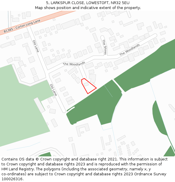 5, LARKSPUR CLOSE, LOWESTOFT, NR32 5EU: Location map and indicative extent of plot