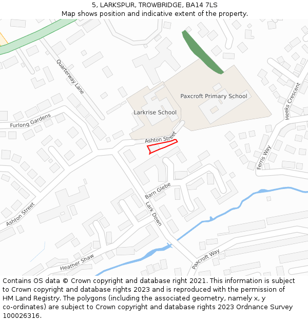 5, LARKSPUR, TROWBRIDGE, BA14 7LS: Location map and indicative extent of plot